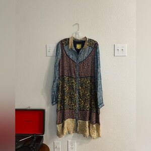 Mixed print patchwork dress with collar, buttons. Perfect for fall!